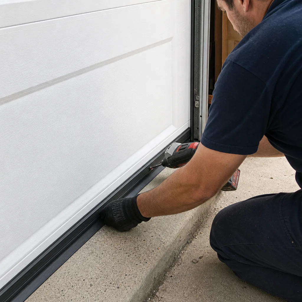 Technician installing a weather seal on the bottom of a garage door