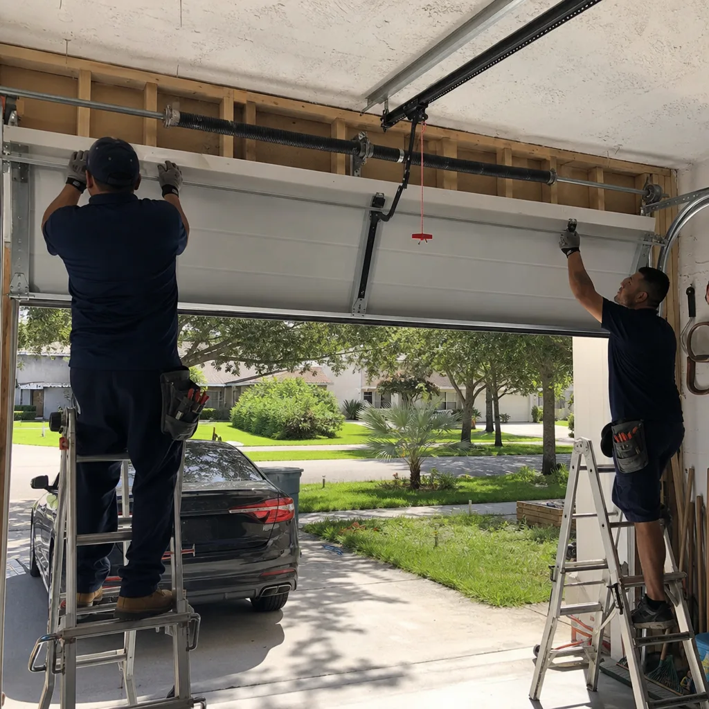 Two professional technicians installing a new sectional garage door in a home.