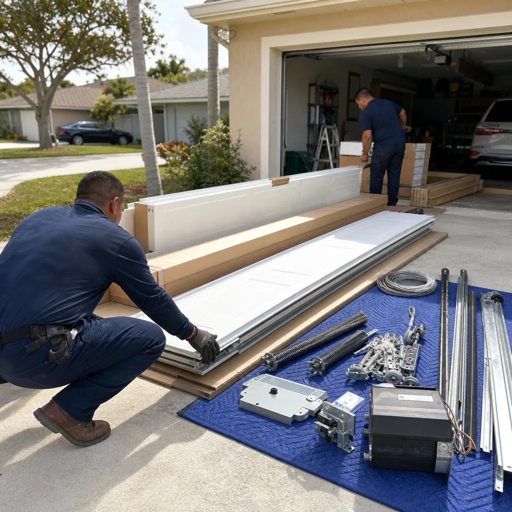 Technicians preparing garage door panels and parts for residential installation
