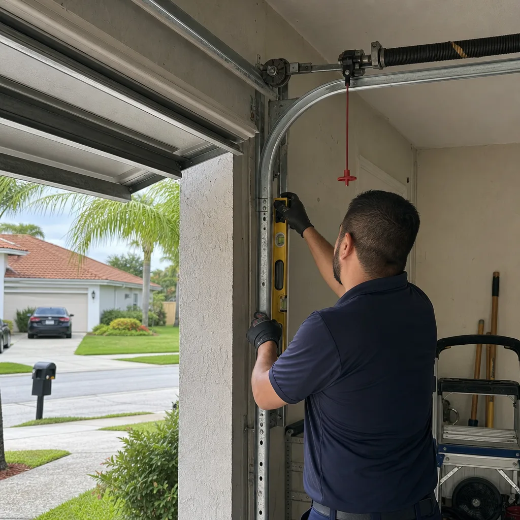 Technician checking vertical alignment of a garage door track with a level