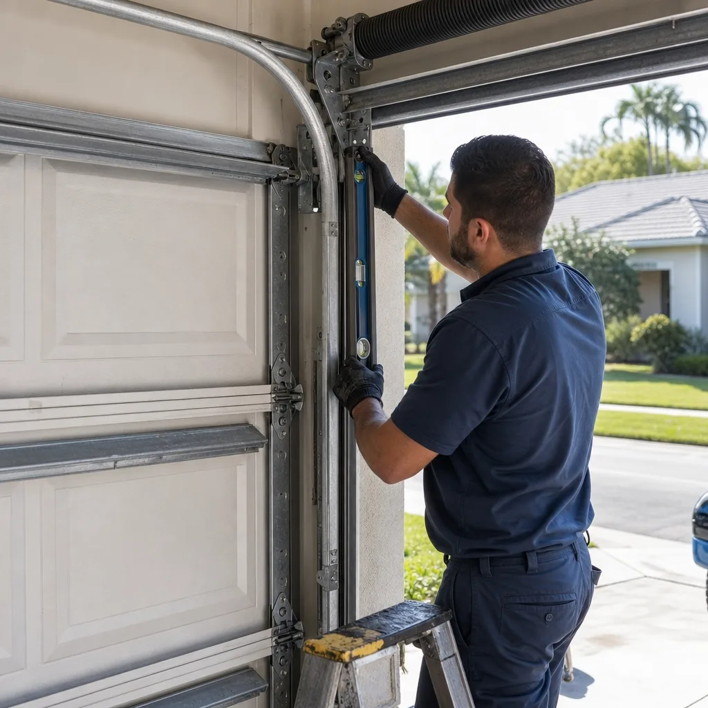 Technician using a level to inspect a residential garage door track