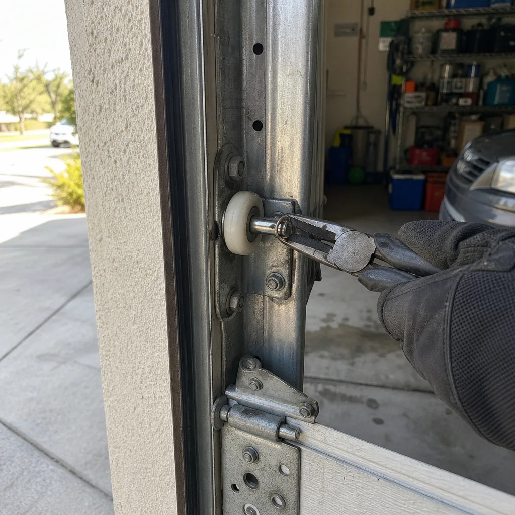 Technician performing garage door roller repair and maintenance